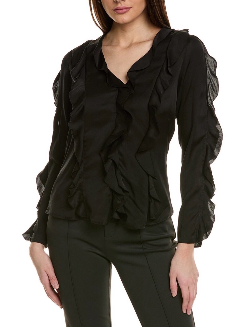 NICHOLAS Black Ruffle-Front Long Slit-Sleeve Blouse